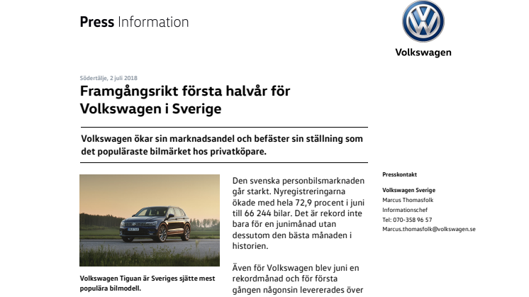 Framgångsrikt första halvår för Volkswagen i Sverige