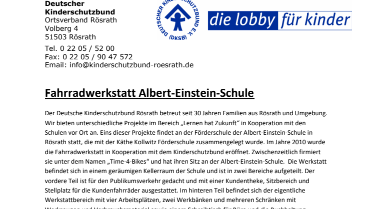 Deutscher Kinderschutzbund Ortsverband Rösrath: Projekt "Fahrradwerkstatt Albert-Einstein-Schule"