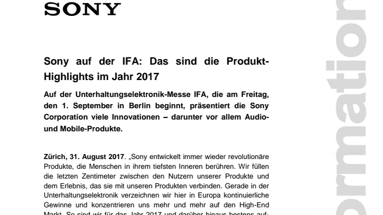 Sony auf der IFA: Das sind die Produkt-Highlights im Jahr 2017