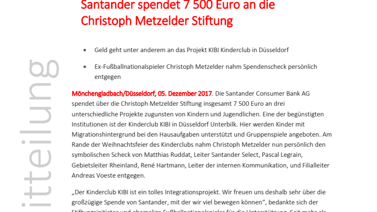 Santander spendet 7 500 Euro an die  Christoph Metzelder Stiftung 