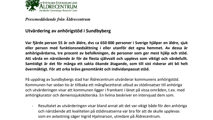 "Anhörigstöd - en livlina" - Utvärdering av anhörigstöd i Sundbyberg