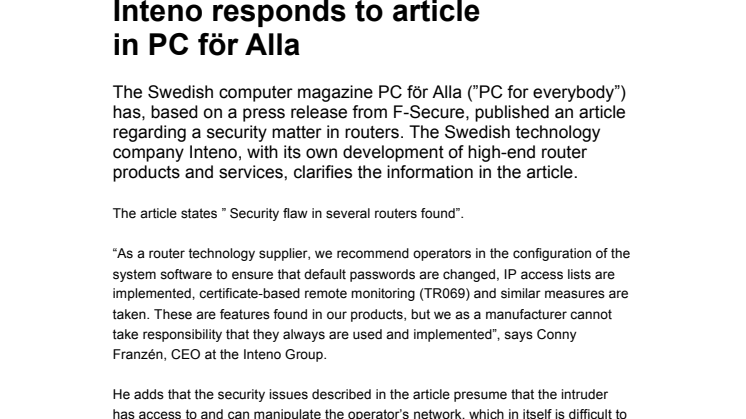 Inteno responds to article  in PC för Alla