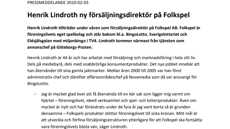 Henrik Lindroth ny försäljningsdirektör på Folkspel