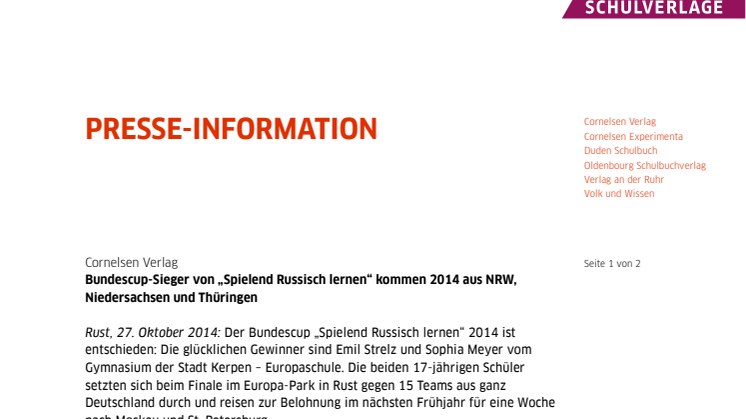 Bundescup-Sieger von „Spielend Russisch lernen“ kommen 2014 aus NRW, Niedersachsen und Thüringen