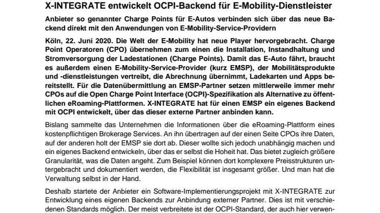 X-INTEGRATE implementiert OCPI-Backend zur Anbindung von E-Mobility-Service-Providern an externe Partner