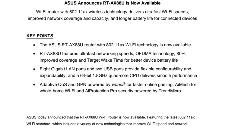 Next Generation Wi-Fi now available in Norway as ASUS Launches first router with AX/Wi-Fi 6 Technology