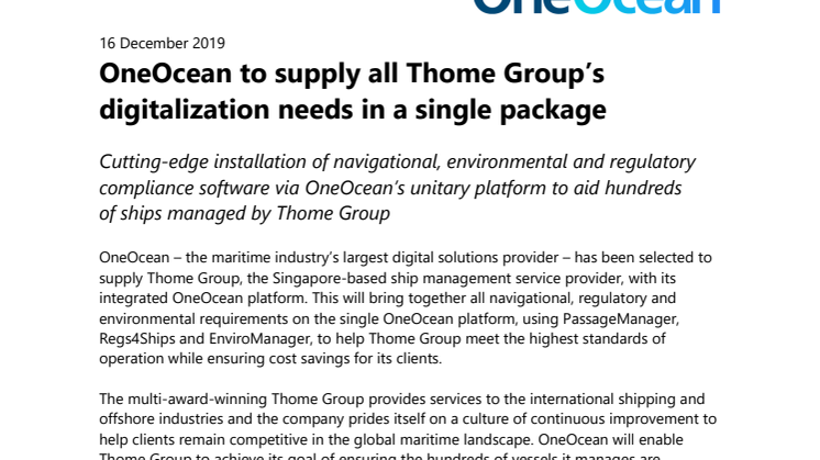 OneOcean to supply all Thome Group’s digitalization needs in a single package