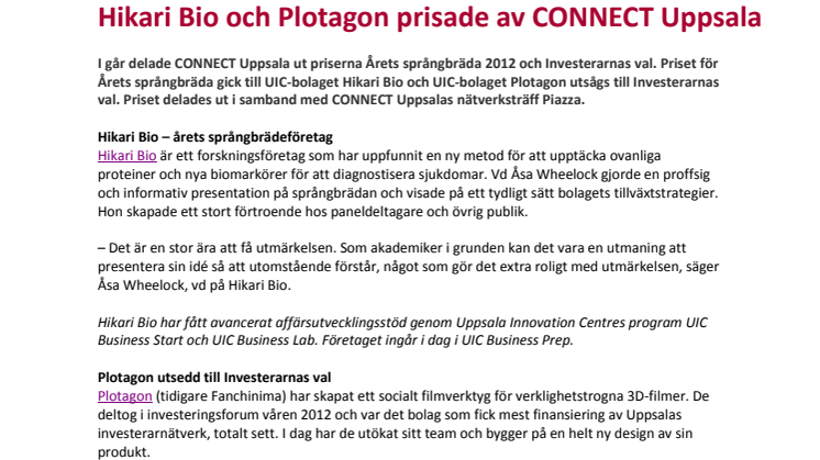 Hikari Bio och Plotagon prisade av CONNECT Uppsala