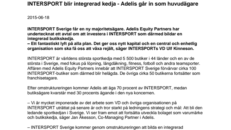 INTERSPORT blir integrerad kedja - Adelis går in som huvudägare