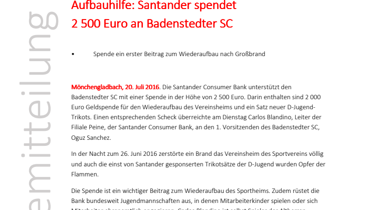 Aufbauhilfe: Santander spendet 2 500 Euro an Badenstedter SC