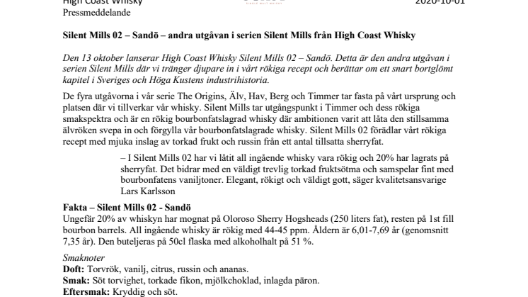 Silent Mills 02 – Sandö – andra utgåvan i serien Silent Mills från High Coast Whisky