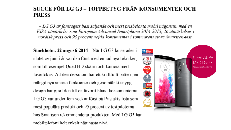 SUCCÉ FÖR LG G3 – TOPPBETYG FRÅN KONSUMENTER OCH PRESS