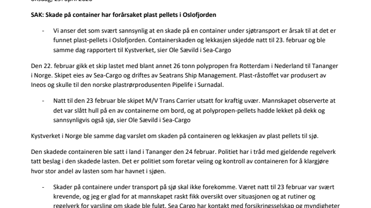Skade på container har forårsaket plast-pellets i Oslofjorden