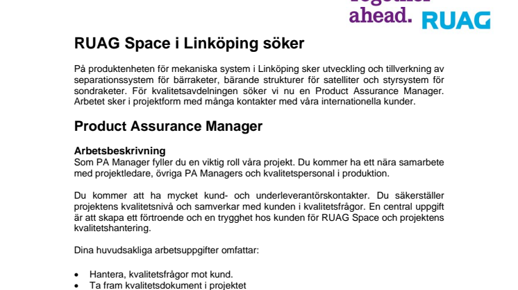 RUAG Space i Linköping söker Product Assurance Manager
