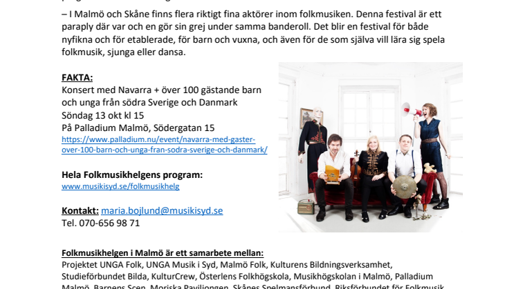 Över 100 barn och unga på scen med Navarra under Folkmusikhelgen i Malmö 11–13 oktober