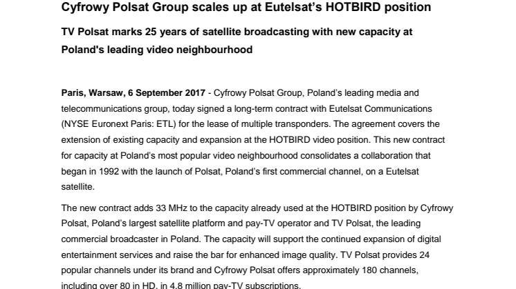 Cyfrowy Polsat scales up at Eutelsat’s HOTBIRD position