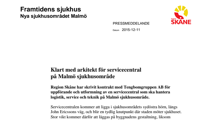 Klart med arkitekt för servicecentral på Malmö sjukhusområde