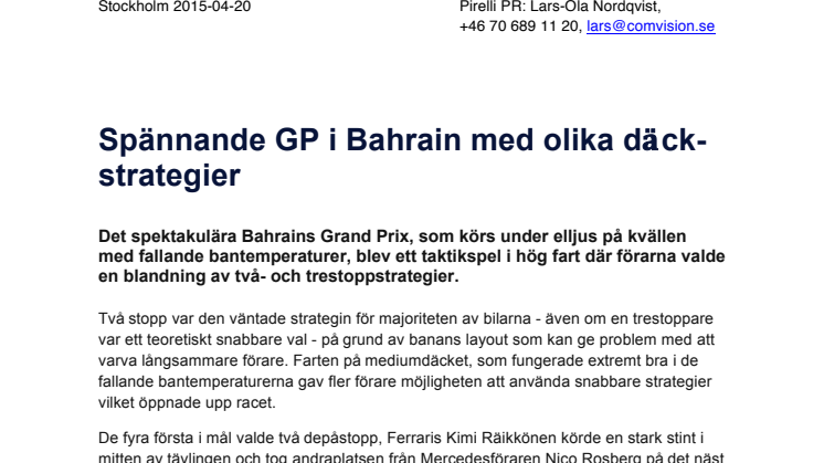 Spännande GP i Bahrain med olika däckstrategier