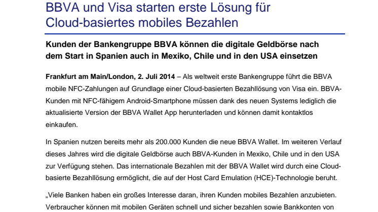 BBVA und Visa starten erste Lösung für Cloud-basiertes mobiles Bezahlen