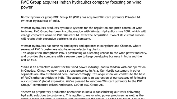 PMC Hytech's parent company PMC Group acquires Indian hydraulics company focusing on wind power