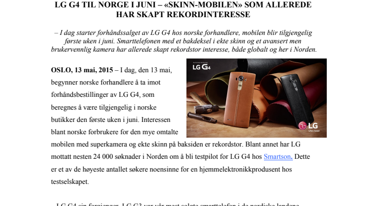 LG G4 TIL NORGE I JUNI – «SKINN-MOBILEN» SOM ALLEREDE HAR SKAPT REKORDINTERESSE 