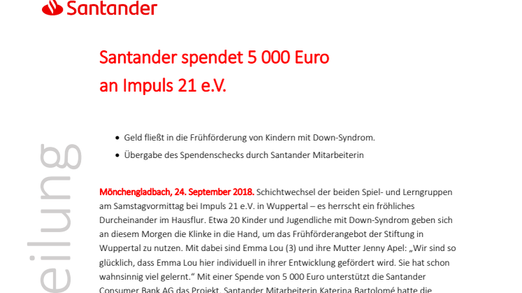 Santander spendet 5 000 Euro an Impuls 21 e.V. 