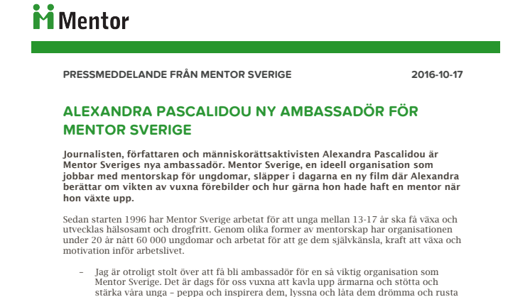 Alexandra Pascalidou ny ambassadör för Mentor Sverige