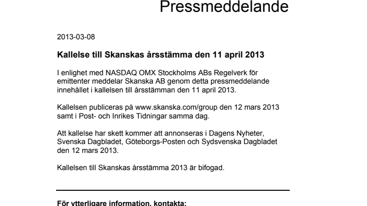 Kallelse till Skanskas årsstämma den 11 april 2013