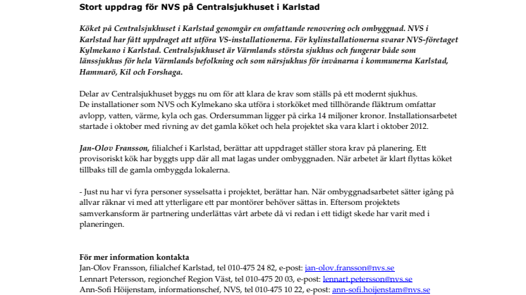 Stort uppdrag för NVS på Centralsjukhuset i Karlstad 