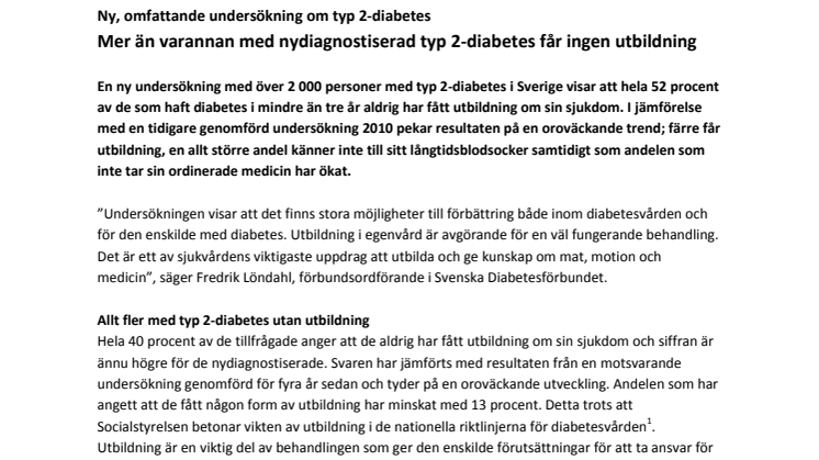 Ny, omfattande undersökning om typ 2-diabetes: Mer än varannan med nydiagnostiserad typ 2-diabetes får ingen utbildning 
