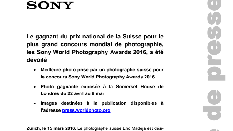 ​Le gagnant du prix national de la Suisse pour le plus grand concours mondial de photographie, les Sony World Photography Awards 2016, a été dévoilé
