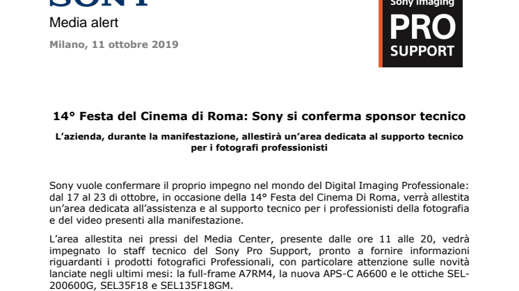 14° Festa del Cinema di Roma: Sony si conferma sponsor tecnico