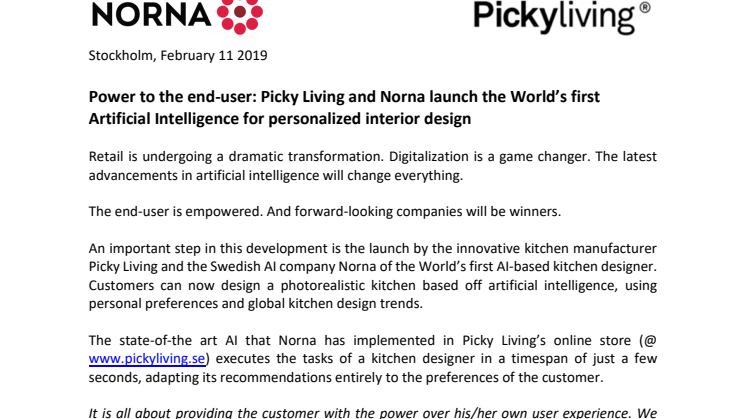 Power to the end-user: Picky Living and Norna launch the World’s first Artificial Intelligence for personalized interior design