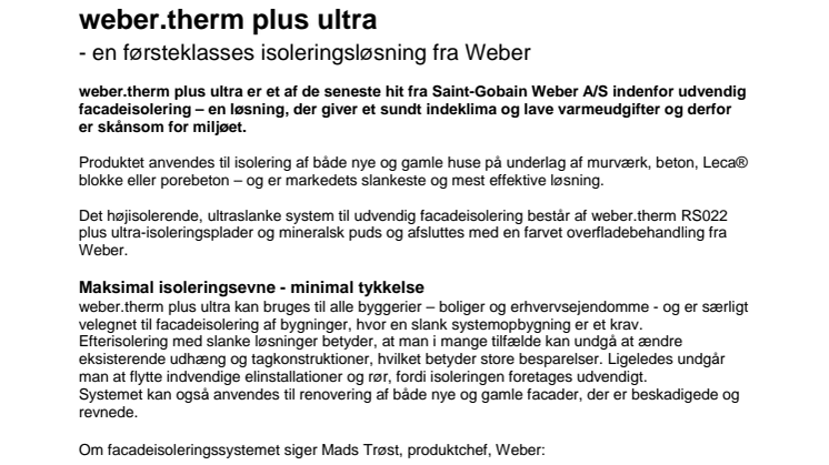 weber.therm plus ultra - en førsteklasses isoleringsløsning fra Weber