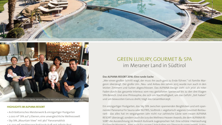 Green Luxury, Gourmet und Spa im ALPIANA RESORT 2016