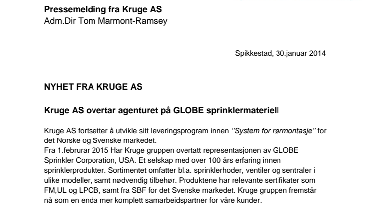 Kruge koncernen tar över agenturen för Globe sprinkler corporation, USA