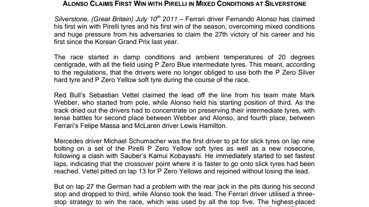 Alonso vann sin första seger på Pirelli PZero i växlande väder på Silverstone