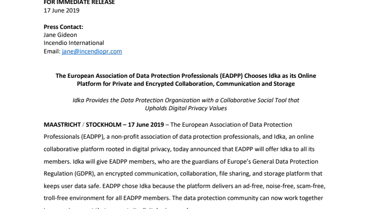 The European Association of Data Protection Professionals (EADPP) Chooses Idka as its Online Platform for Private and Encrypted Collaboration, Communication and Storage