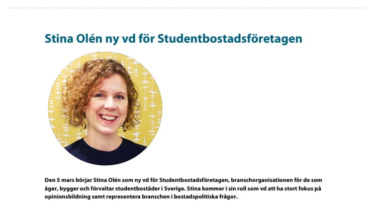 ​Stina Olén ny vd för Studentbostadsföretagen