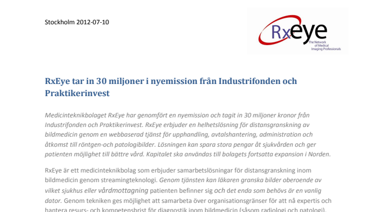 RxEye tar in 30 miljoner i nyemission från Industrifonden och Praktikerinvest