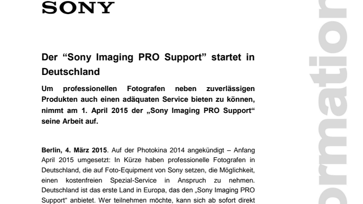 Der “Sony Imaging PRO Support” startet in Deutschland