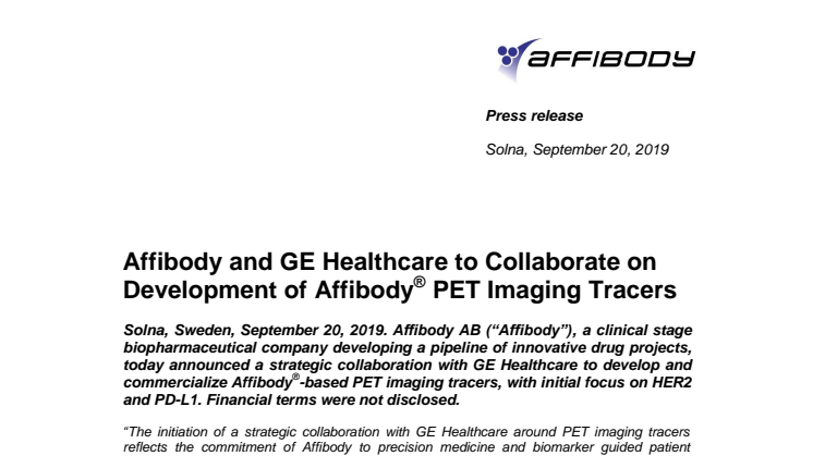 Affibody and GE Healthcare to Collaborate on Development of Affibody® PET Imaging Tracers