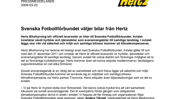 Svenska Fotbollförbundet väljer bilar från Hertz