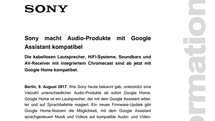 Sony macht Audio-Produkte mit Google  Assistant kompatibel