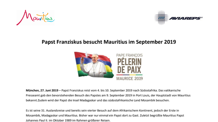 Pressemitteilung_Papst Franziskus besucht Mauritius im September 2019