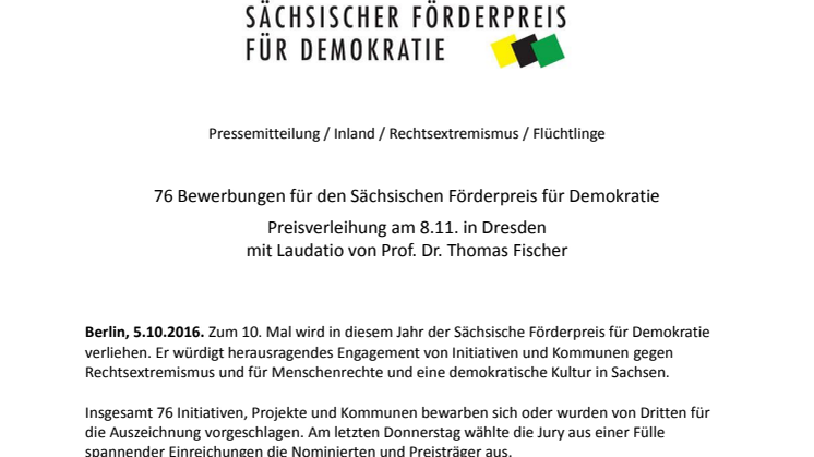 76 Bewerbungen für den Sächsischen Förderpreis für Demokratie: Preisverleihung am 8.11. in Dresden mit Laudatio von Prof. Dr. Thomas Fischer