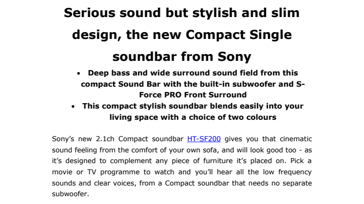 ​Ny stilfuld og kompakt soundbar fra Sony med stor lyd trods det slanke design