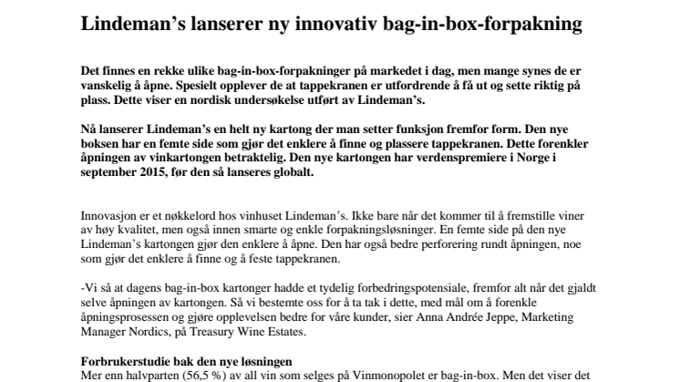 Lindeman’s lanserer ny innovativ bag-in-box-forpakning