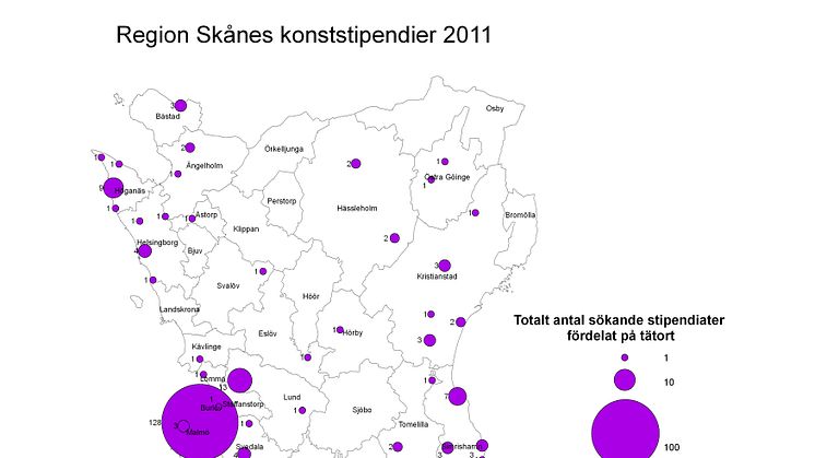 Region Skånes konststipendier 2011 totalt antal sökande fördelat på tätort