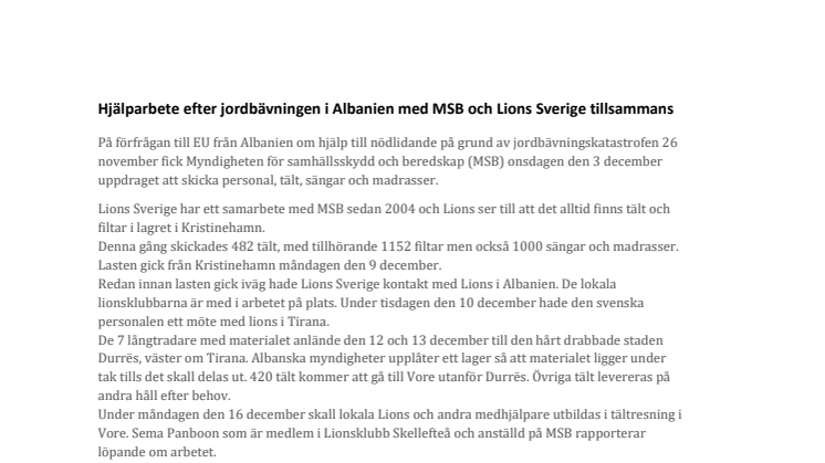 Hjälparbete efter jordbävningen i Albanien med MSB och Lions Sverige tillsammans
